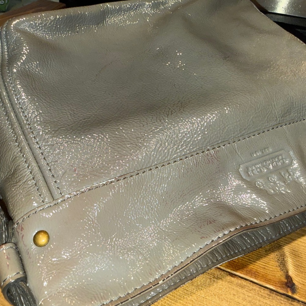 Coach Zoe 12735 Gray Patent Leather Shoulder Bag Brass Hardware Large Hobo Purse - Picture 7 of 12